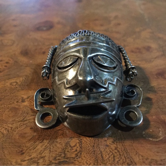 Los Castillo Articulated Sterling Silver Aztec Mask Brooch Mid Century Taxco - Picture 2 of 12
